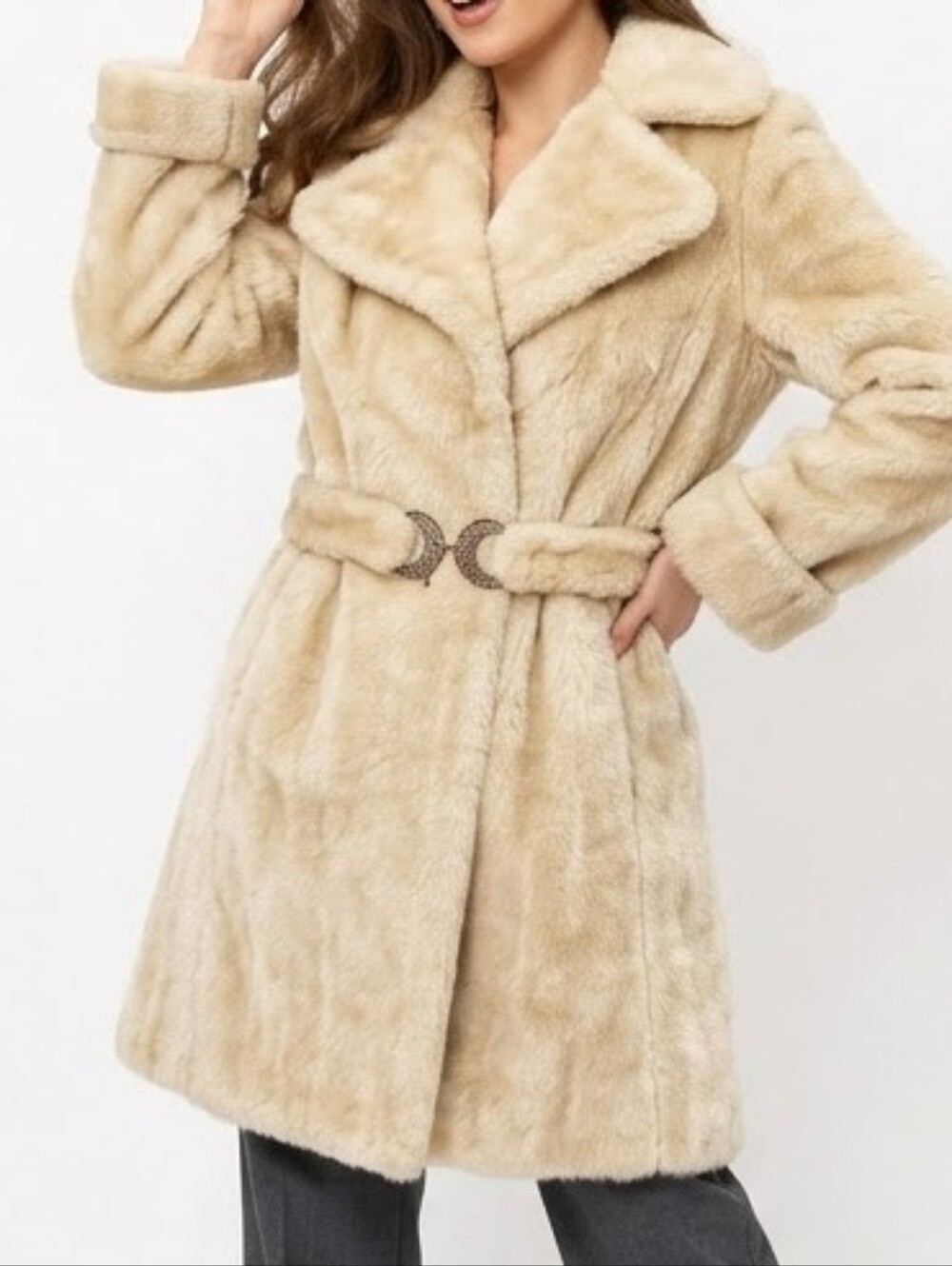 Vintage 60s 70s Plush Faux Fur Belted Coat Cream Ivory Small Mob Wife Glam